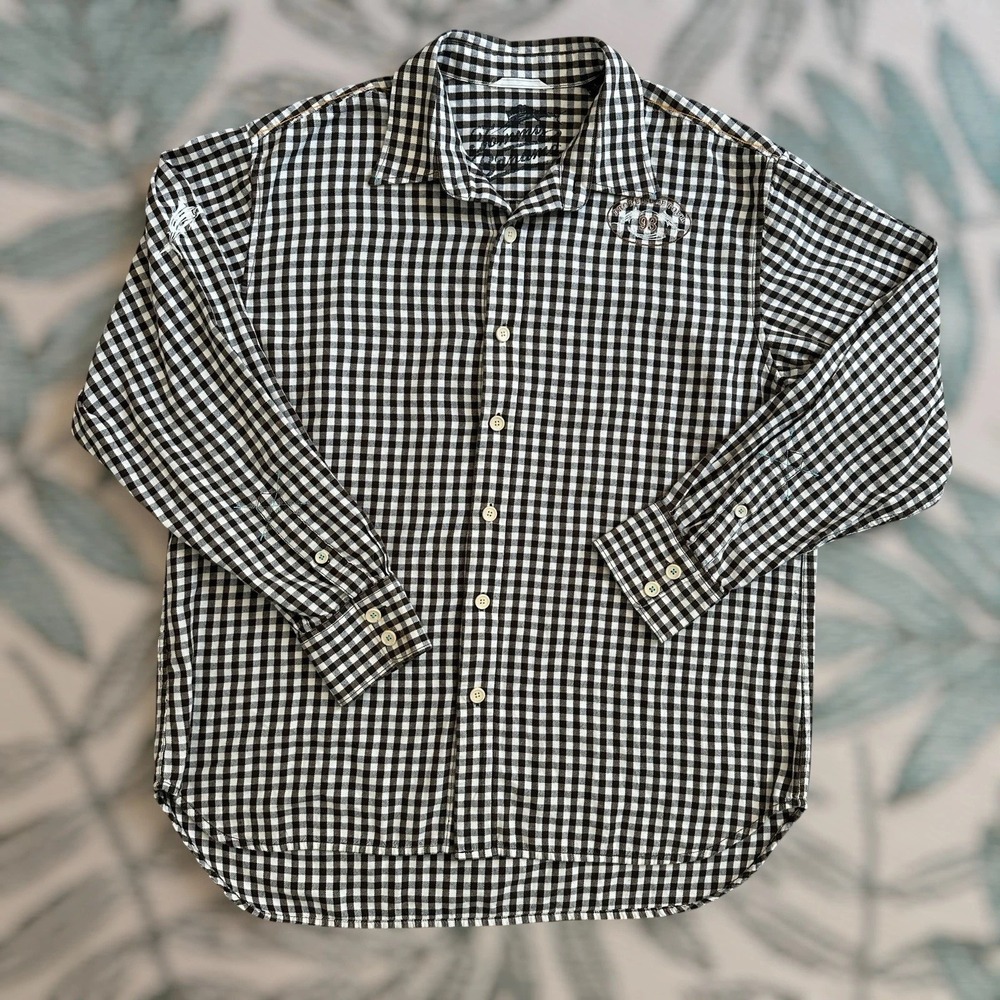 Tommy Bahama Relax Mens Large Brown Gingham Plaid Long Sleeve Shirt Fish 93